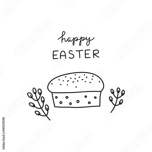 Doodle outline Easter kulich cake and lettering.