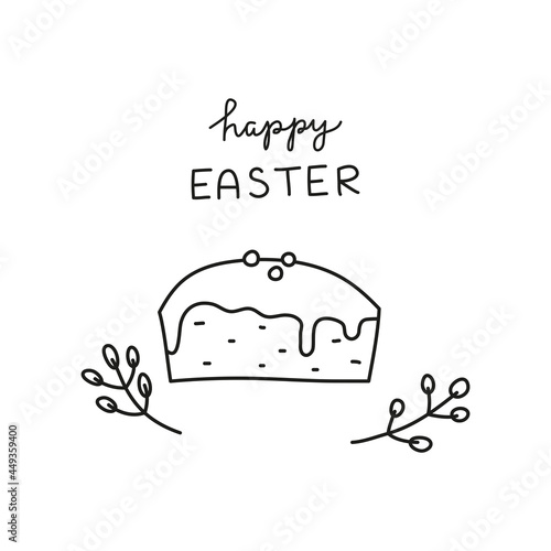 Doodle outline Easter kulich cake and lettering.