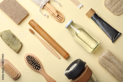 Flat lay composition with eco friendly products on beige background. Conscious consumption