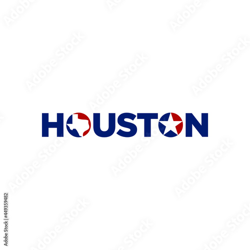 Houston Texas City Logo. Lone Star and Texas Map Icon. Blue and Red Vector Illustration.