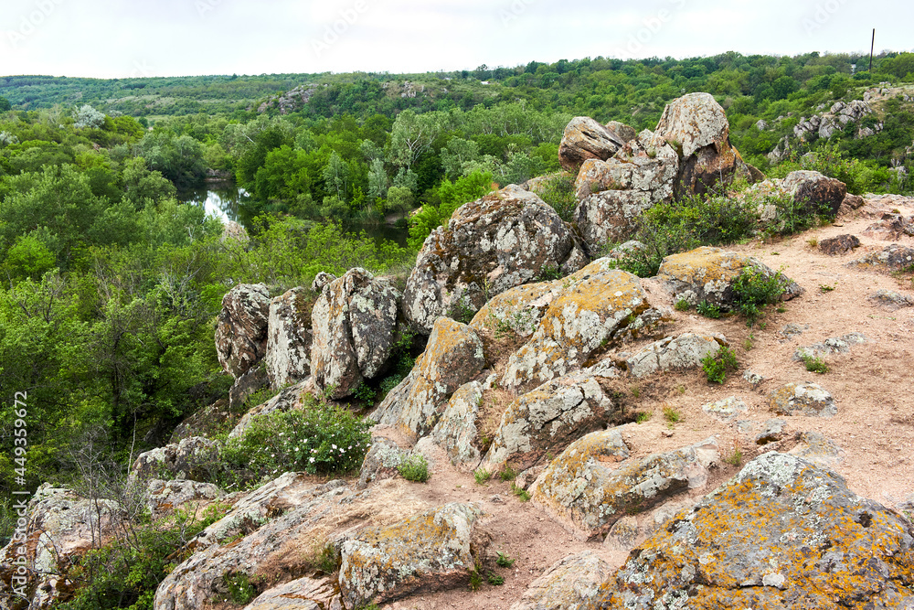 View of cliffs and Southern bug river bank on spring day in reserve Buzsky Gard, Migeya, Nikolaev region, Ukraine