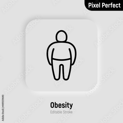 Obesity thin line icon. Overweight, unhealthy body, dieting. Chubby man. Pixel perfect, editable stroke. Vector illustration.
