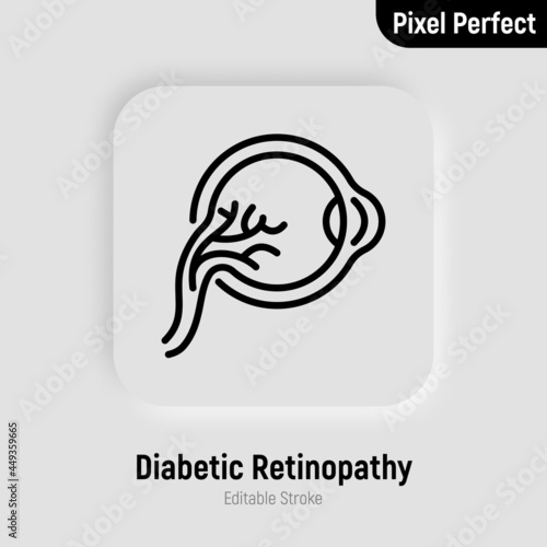 Diabetic retinopathy thin line icon. Ophthalmology. Damage of eyeball because of diabetes mellitus disease. Pixel perfect, editable stroke. Vector illustration.