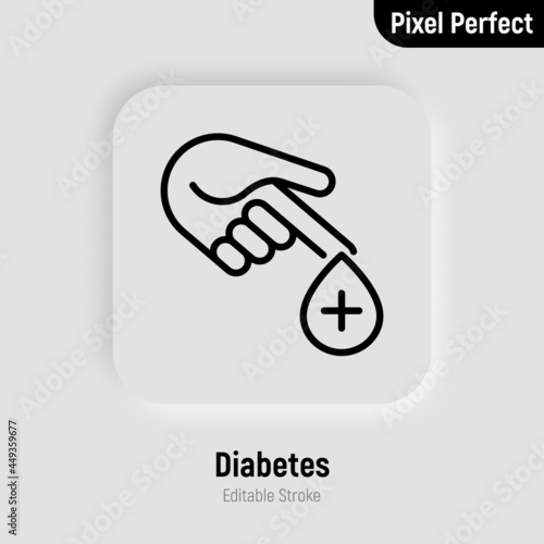 Diabetes. Blood test thin line icon. Blood droplet from finger. Diagnostics of sugar level. Pixel perfect, editable stroke. Vector illustration.