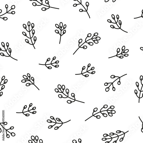 Seamless pattern with doodle pussy willow twigs.