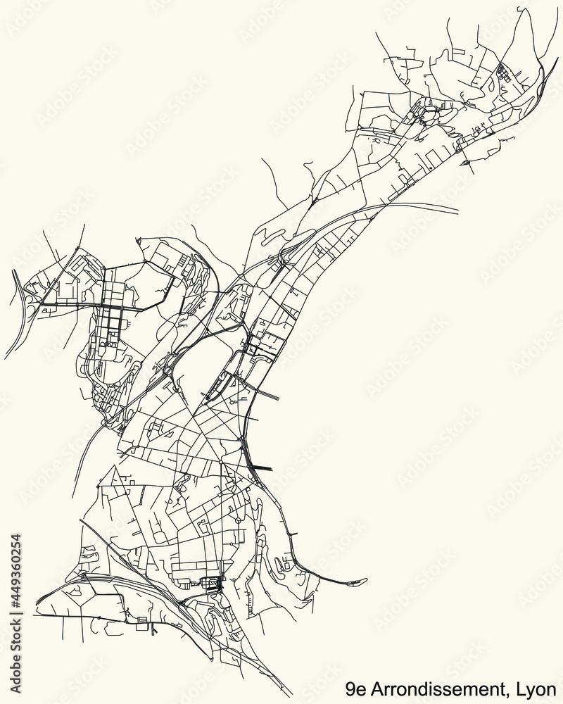 Black simple detailed street roads map on vintage beige background of the quarter 9th arrondissement district of Lyon, France