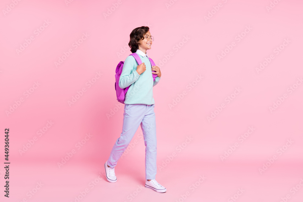 Ταπετσαρία Profile photo of positive schoolboy stroll empty space wear bag specs teal shirt