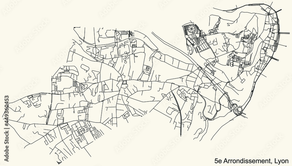 Black simple detailed street roads map on vintage beige background of the quarter 5th arrondissement district of Lyon, France