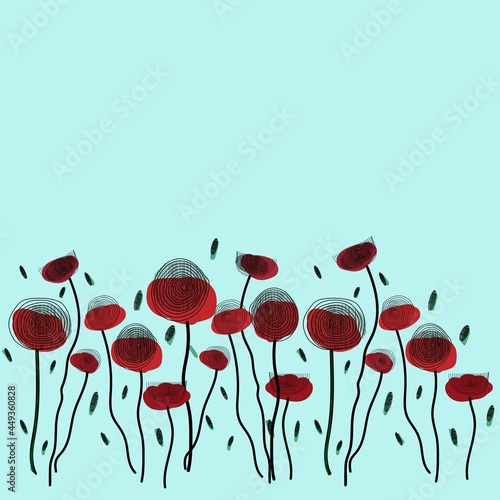 vertical pattern stylized poppies on a blue background in boho style