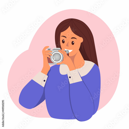 The girl adjusts the camera. A young woman takes pictures. Photographer. Vector isolated flat illustration.