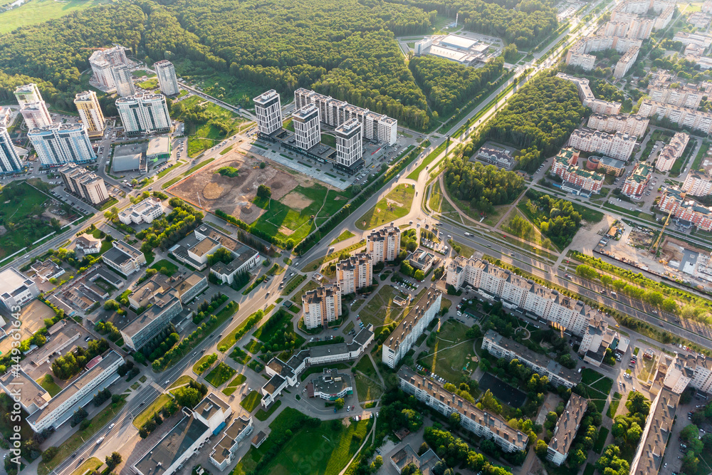 Naklejka premium Aerial view of urban development during sunset. Obninsk, Russia