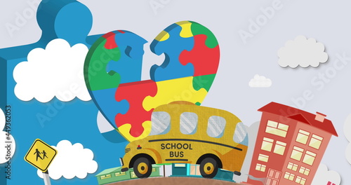 Image of school bus driving through city over heart formed with puzzles © vectorfusionart