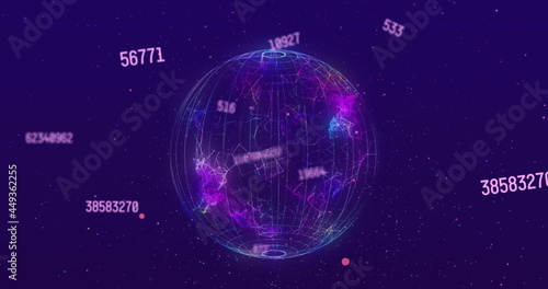 Image of numbers changing over purple globe spinning