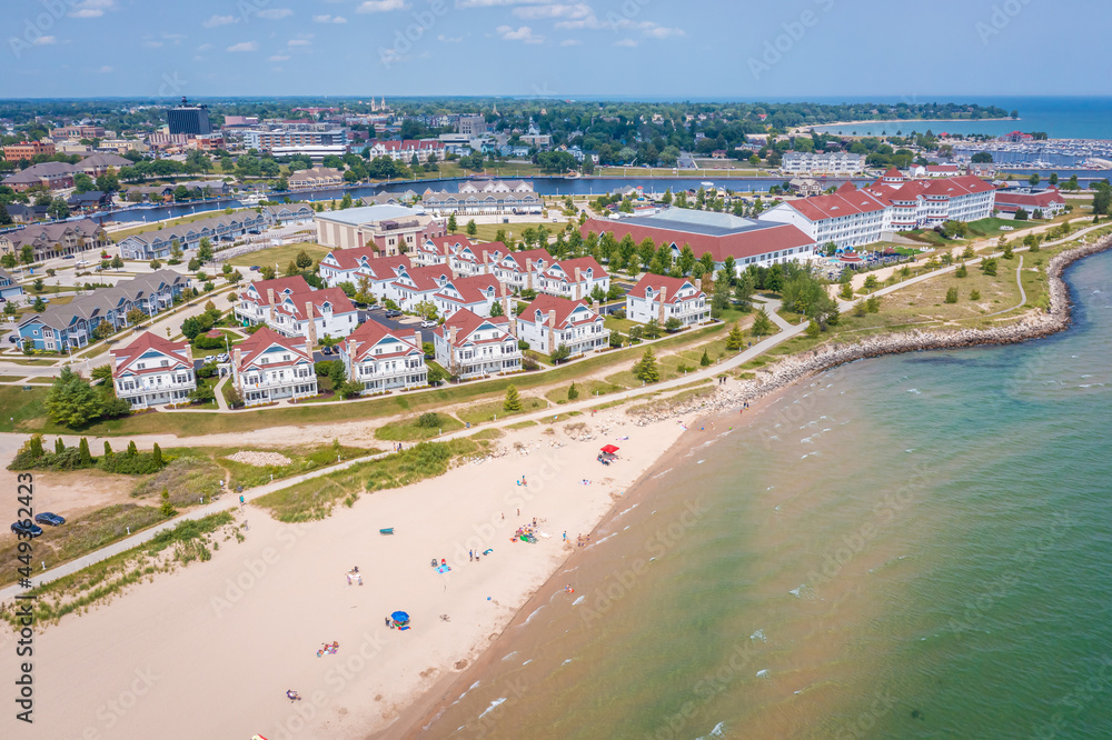 Sheboygan, WI USA - August 05, 2021: Aerial view of the Blue Harbor Resort, adjacent suites and villas  plus marina area in Sheboygan WI
