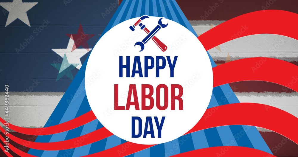 Fototapeta premium Image of happy labor day text over american flag stars and stripes