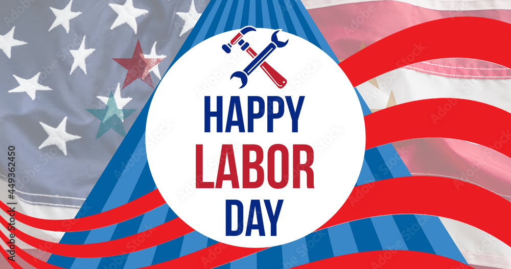 Obraz premium Image of happy labor day text over american flag stars and stripes