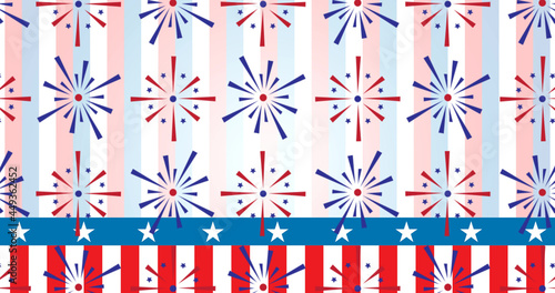 Image of fireworks coloured in american flag over stars and stripes background