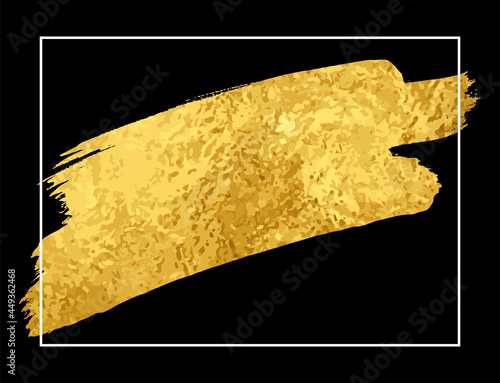 Gold brushstroke. Vector template for design. Stain of metallic paint on a black background. White frame. Sticker, flyer. Metal texture. Gold paint. Luxury backdrop. Empty blank for text.