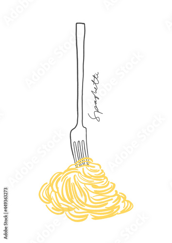 Spaghetti and fork line illustration. Hand drawn vector pasta on the white background