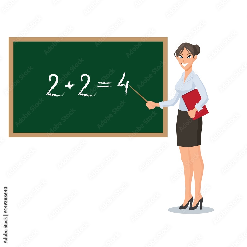Young woman teacher standing near blackboard