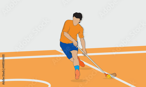 A young athlete holds a stick in his hands and runs after the ball. Sports game floorball.