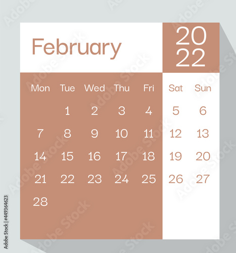 February 2022 calendar planner in pastel color, week starts on Monday, template, mock up calendar leaf - Illustration. Vector graphic page