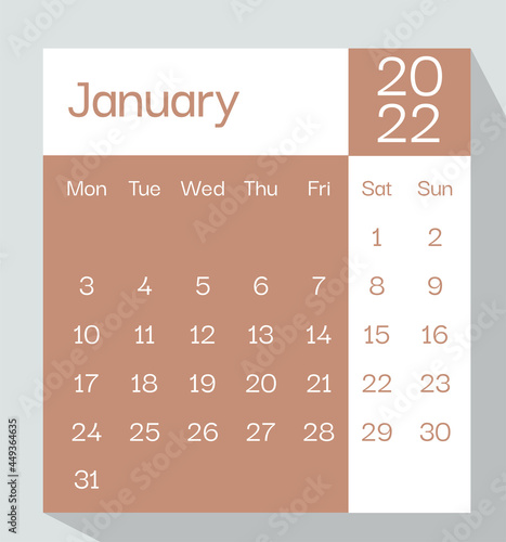 January 2022 calendar planner in pastel color, week starts on Monday, template, mock up calendar leaf - Illustration. Vector graphic page