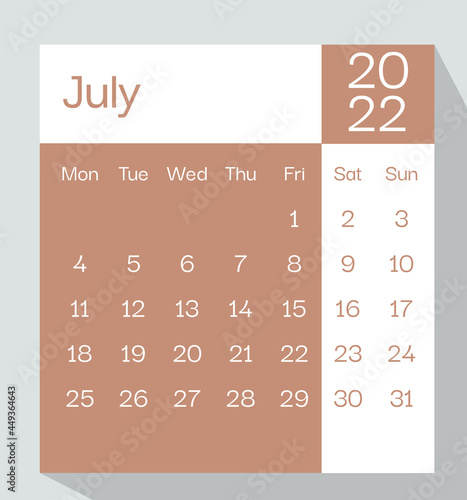 July 2022 calendar planner in pastel color, week starts on Monday, template, mock up calendar leaf - Illustration. Vector graphic page