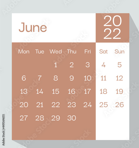 June 2022 calendar planner in pastel color, week starts on Monday, template, mock up calendar leaf - Illustration. Vector graphic page