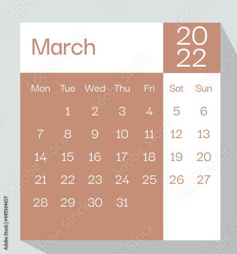 March 2022 calendar planner in pastel color, week starts on Monday, template, mock up calendar leaf - Illustration. Vector graphic page