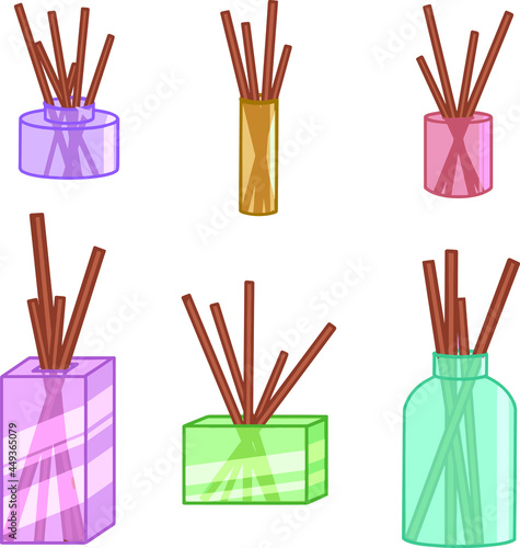 Illustration of incense, aroma sticks. Incense, aroma sticks for the interior of different colors. Illustrations for interior shops of apartments, perfumery shops, incense, aroma sticks.