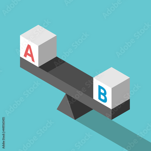 A and B on isometric weight scale. Choice, decision, comparison, A/B testing and split test concept. Flat design. EPS 8 vector illustration, no transparency, no gradients