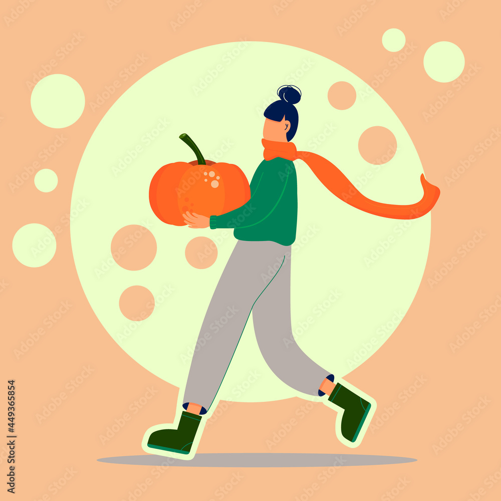 Vector illustration of girl with pumpkin in flat style. Autumn concept of farmers market, harvest festival. Simple background. Girl carries a pumpkin. Trendy art for postcard, poster, post, flyer. Vector illustration of girl with pumpkin in flat style. Autumn concept of farmers market, harvest festival. Simple background. Girl carries a pumpkin. Trendy art for postcard, poster, post, flyer.