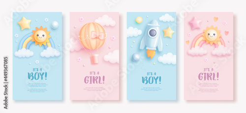 Set of baby shower vertical banner template for social networks stories. Vector illustration of cartoon rainbow, sun, rocket and hot air balloon on blue and pink background. It's a boy. It's a girl