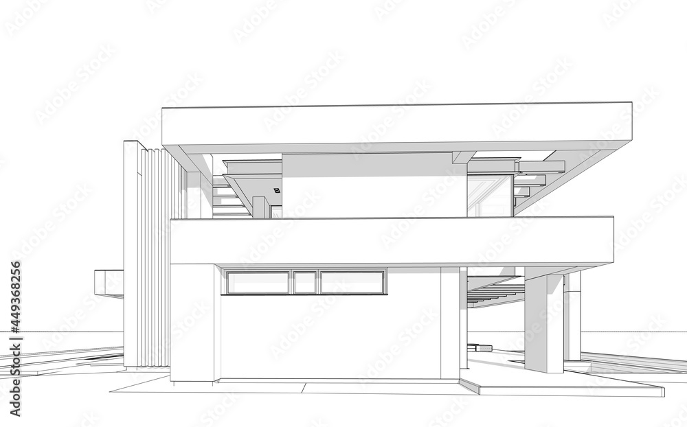 3d rendering of modern cozy house with pool and parking for sale or rent in luxurious style. Black line sketch with soft light shadows on white background 3d rendering of modern cozy house with pool and parking for sale or rent in luxurious style. Black line sketch with soft light shadows on white background