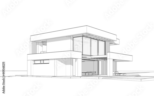 3d rendering of modern cozy house with pool and parking for sale or rent in luxurious style. Black line sketch with soft light shadows on white background