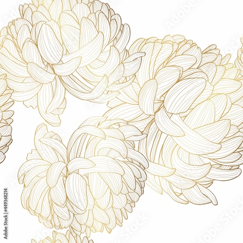 Seamless pattern with a Chrysanthemum Flowers natural ornament. Tropical vintage Golden Flowers floral seamless pattern on black background. 