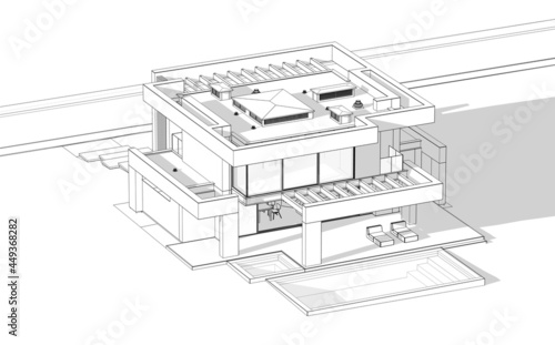 3d rendering of modern cozy house with pool and parking for sale or rent in luxurious style. Black line sketch with soft light shadows on white background