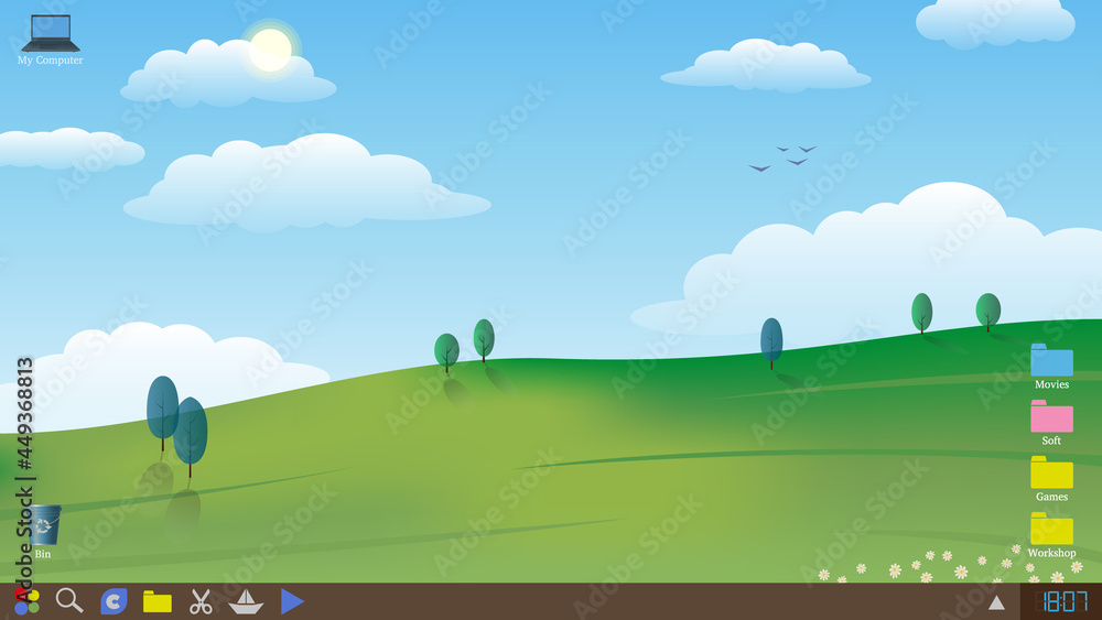 Desktop snapshot, screensaver. Wallpaper with a calm landscape. Vector illustration.