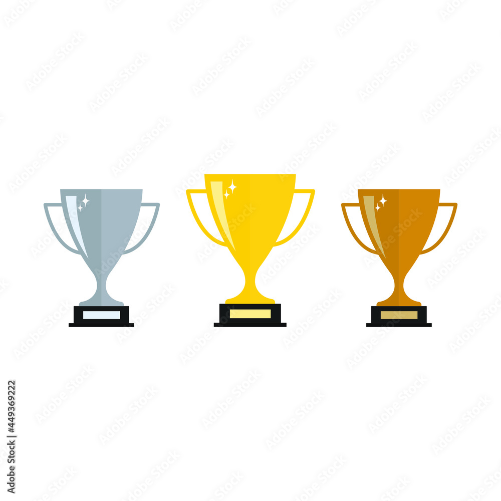 Three prize cups, gold, silver, bronze. Award for first, second and third place in the competition. Vector illustration, flat cartoon color design, isolated on white background, eps 10. Three prize cups, gold, silver, bronze. Award for first, second and third place in the competition. Vector illustration, flat cartoon color design, isolated on white background, eps 10.