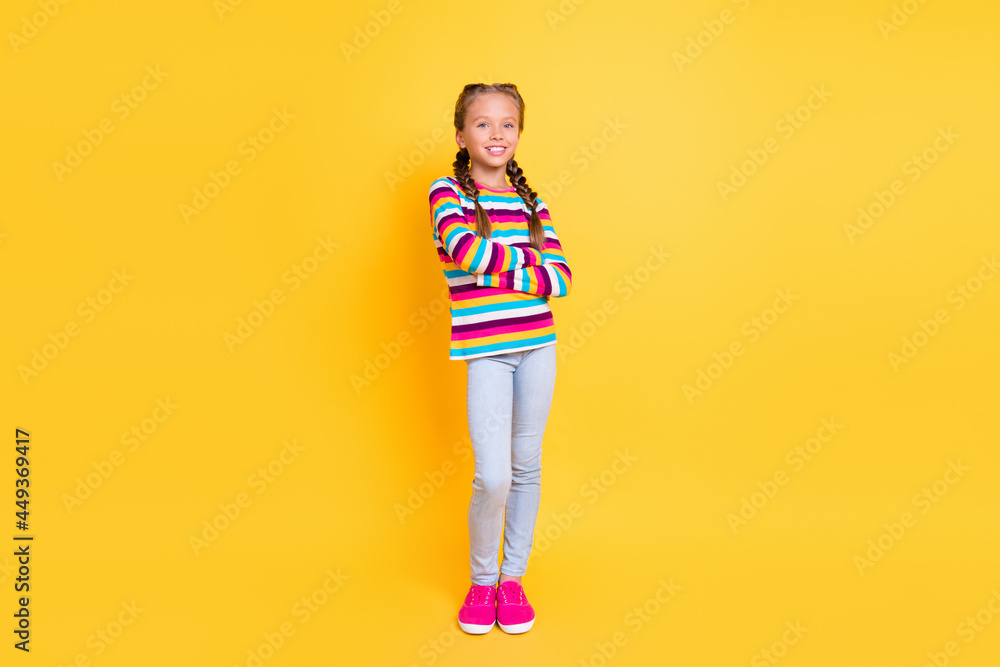 Photo of positive confident lady folded hands smile wear striped shirt jeans shoes isolated yellow color background