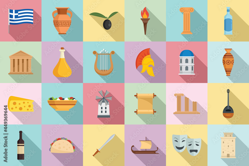 Ancient Greece icons set flat vector. Greek parthenon Ancient Greece icons set flat vector. Greek parthenon