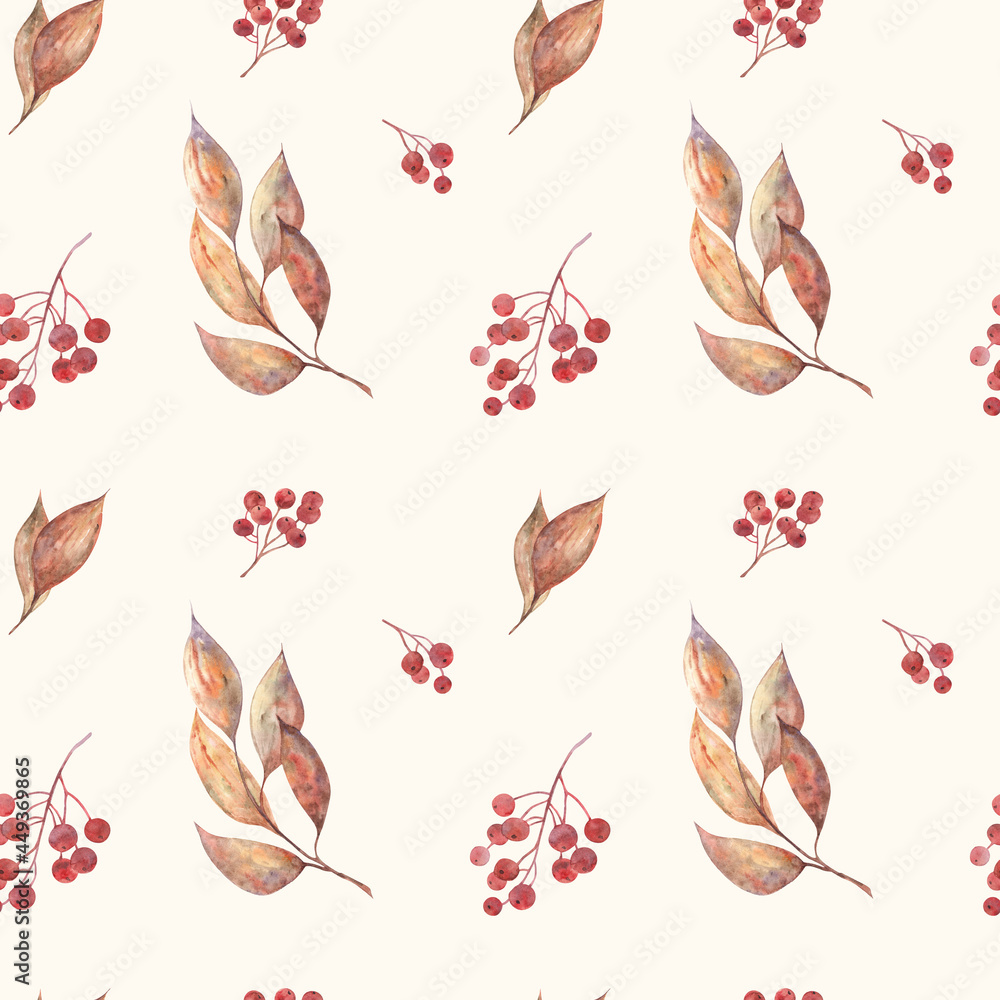 Watercolor seamless pattern with autumn leaves and berries on beige background