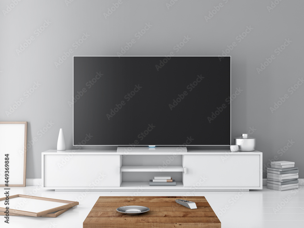 Smart Tv Mockup on white commode, living room with gray wall