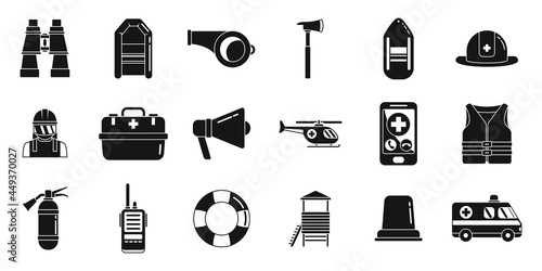 Rescuer icons set simple vector. Hurricane flood