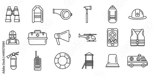 Rescuer icons set outline vector. Hurricane flood