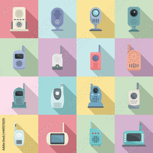 Baby monitor icons set flat vector. Button communication