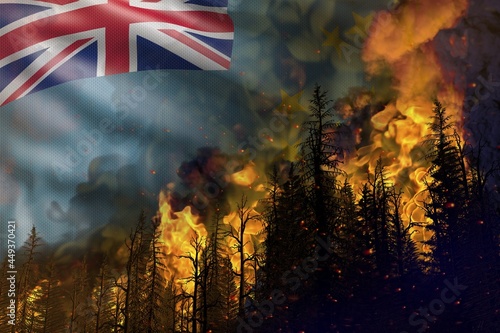 Forest fire natural disaster concept - flaming fire in the woods on Tuvalu flag background - 3D illustration of nature