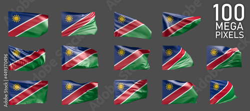 Namibia flag isolated - different images of the waving flag on grey background - object 3D illustration