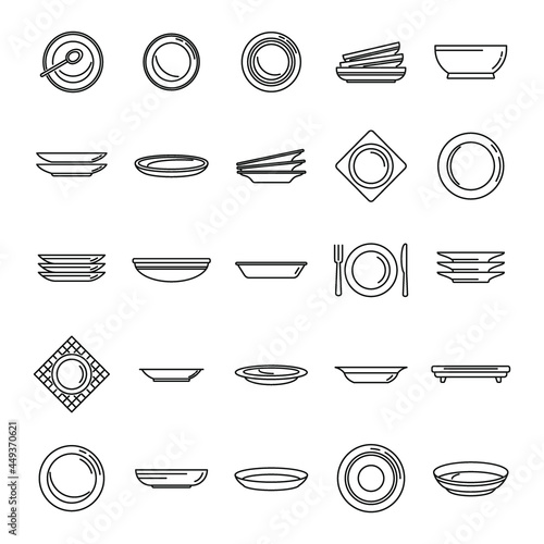 Plate icons set outline vector. Food cutlery